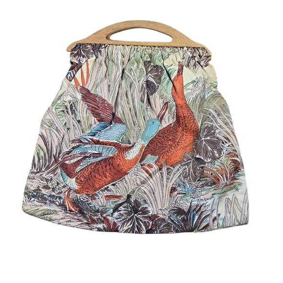 Vintage Handbags - Vtg 70s Wood Handle Duck Fabric Large Handbag